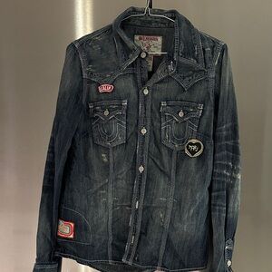 True Religion Dark Indigo Distressed Denim Shirt Jacket